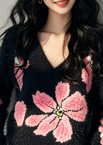 Stylish Black V Neck Floral Ma Hai Mao Knit Sweater Spring TN034 ABC