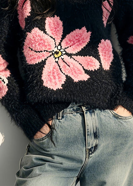Stylish Black V Neck Floral Ma Hai Mao Knit Sweater Spring TN034 ABC