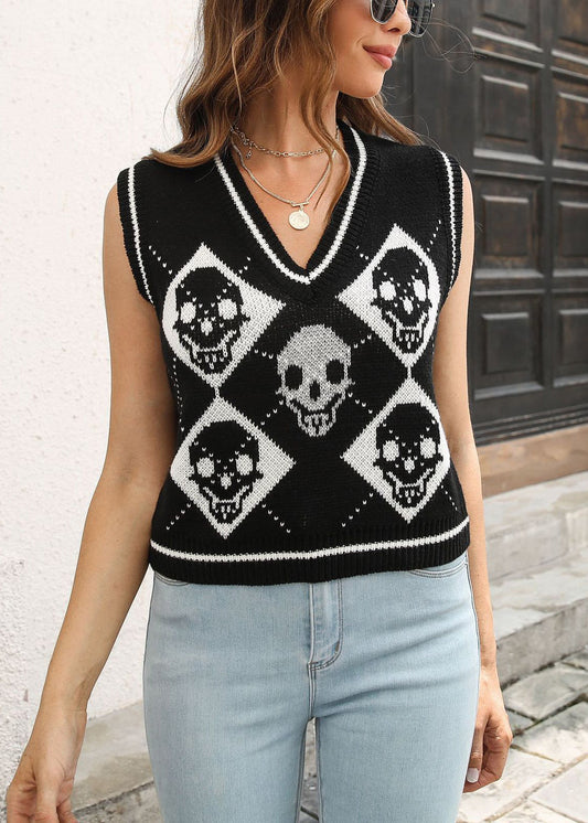 Stylish Black V Neck Hollow Out Knit Vest Sleeveless AE1022 OM-HW240901
