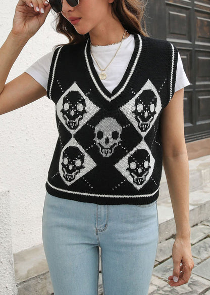 Stylish Black V Neck Hollow Out Knit Vest Sleeveless AE1022 OM-HW240901