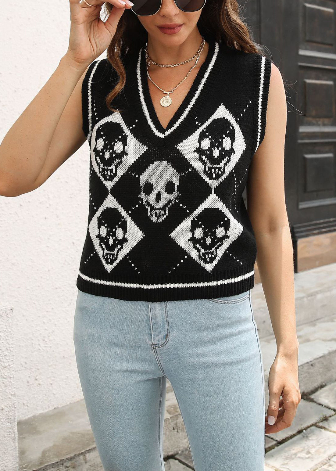 Stylish Black V Neck Hollow Out Knit Vest Sleeveless AE1022 OM-HW240901