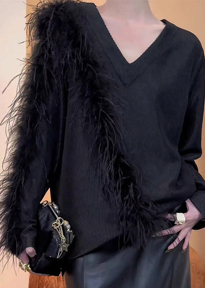 Stylish Black V Neck Patchwork Knit Sweaters Winter RS042 ABC