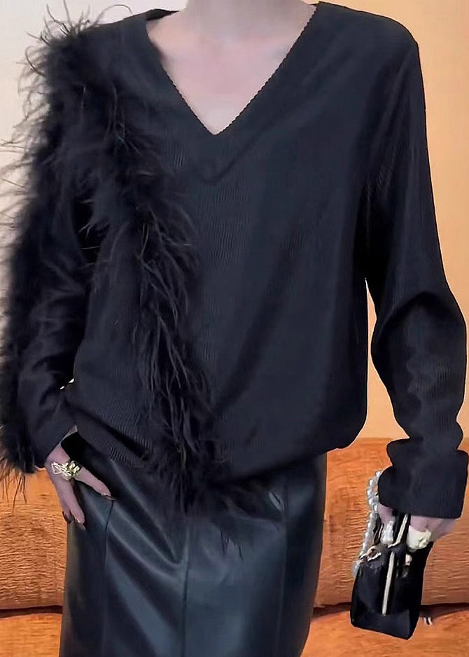 Stylish Black V Neck Patchwork Knit Sweaters Winter RS042 ABC