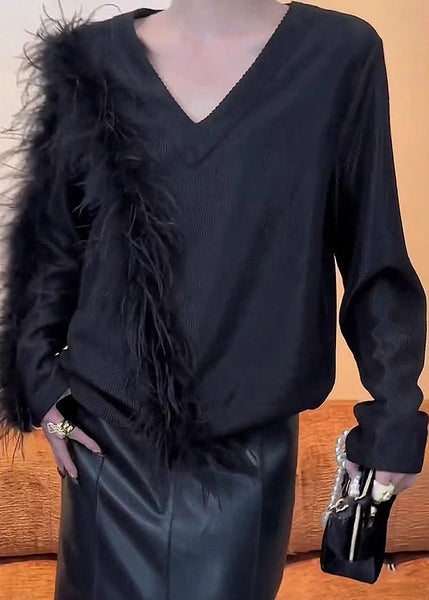 Stylish Black V Neck Patchwork Knit Sweaters Winter RS042 ABC