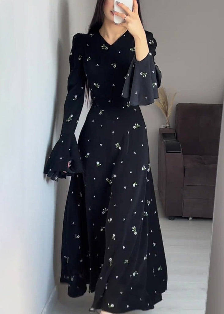 Stylish Black V Neck Print Cotton Maxi Dresses Butterfly Sleeve QL010 OM-ZS241023