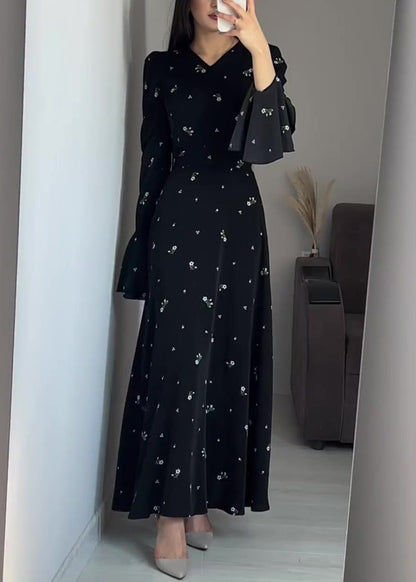 Stylish Black V Neck Print Cotton Maxi Dresses Butterfly Sleeve QL010 OM-ZS241023