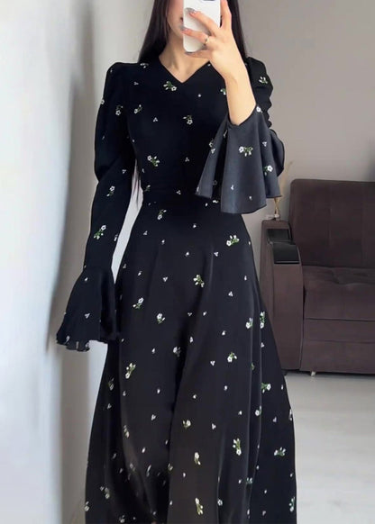 Stylish Black V Neck Print Cotton Maxi Dresses Butterfly Sleeve QL010 OM-ZS241023