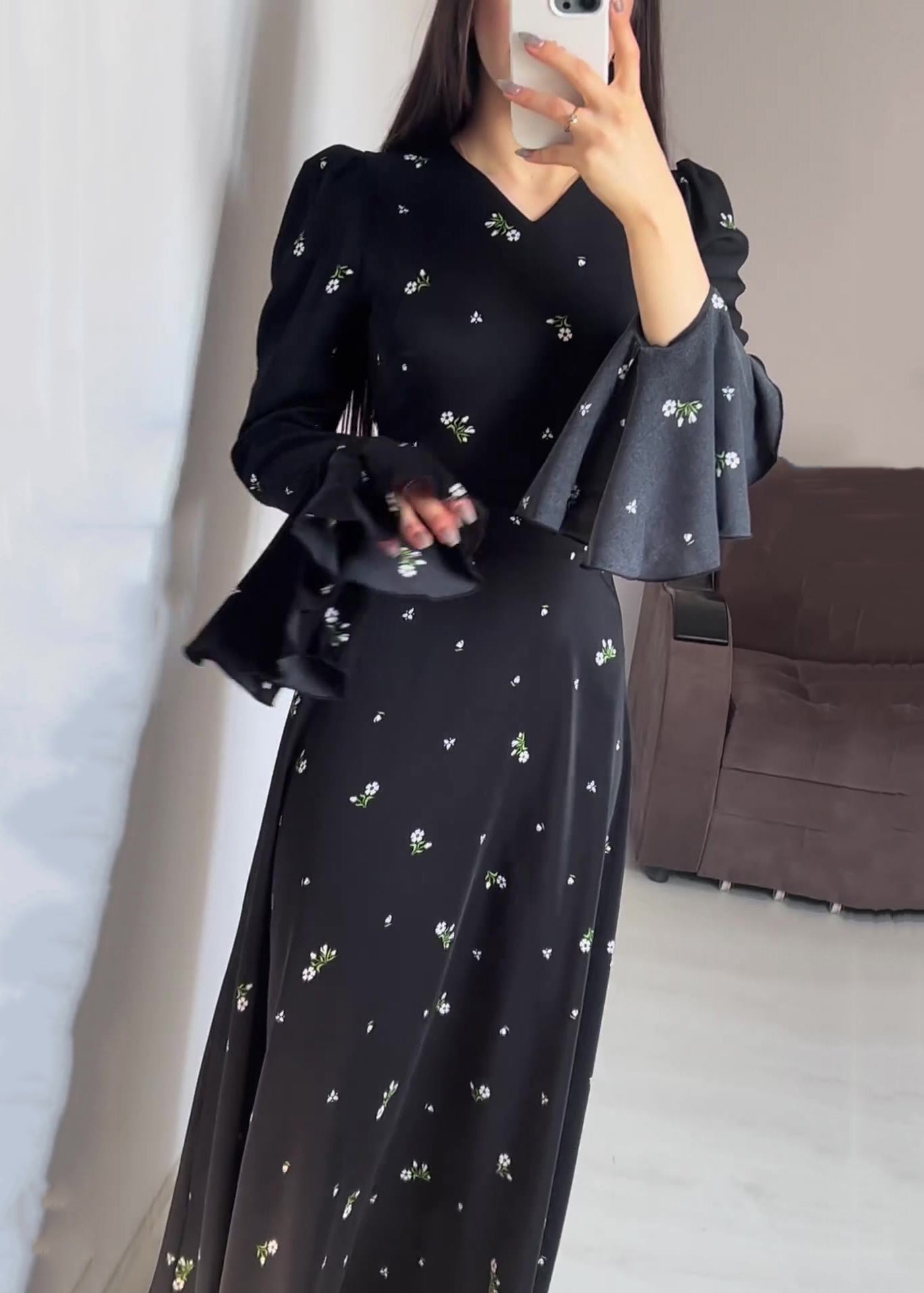 Stylish Black V Neck Print Cotton Maxi Dresses Butterfly Sleeve QL010 OM-ZS241023