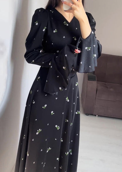 Stylish Black V Neck Print Cotton Maxi Dresses Butterfly Sleeve QL010 OM-ZS241023