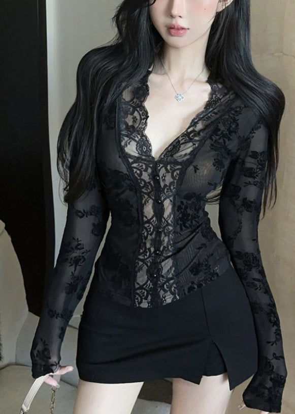 Stylish Black V Neck Sheer Lace Tops Spring YP017 ABC