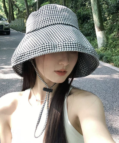 Stylish Black White Plaid Drawstring Bucket Hat MM075 Hat-HAT240620