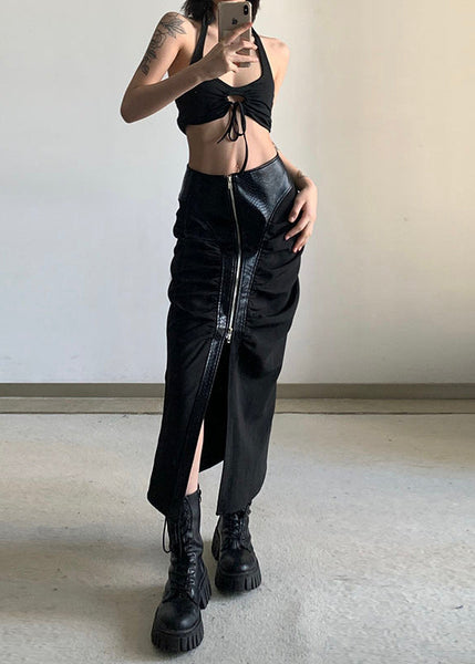 Stylish Black Zip Up Faux Leather Patchwork Cotton Skirt Fall WP046 NZ-SKTS241107