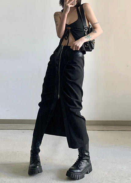 Stylish Black Zip Up Faux Leather Patchwork Cotton Skirt Fall WP046 NZ-SKTS241107