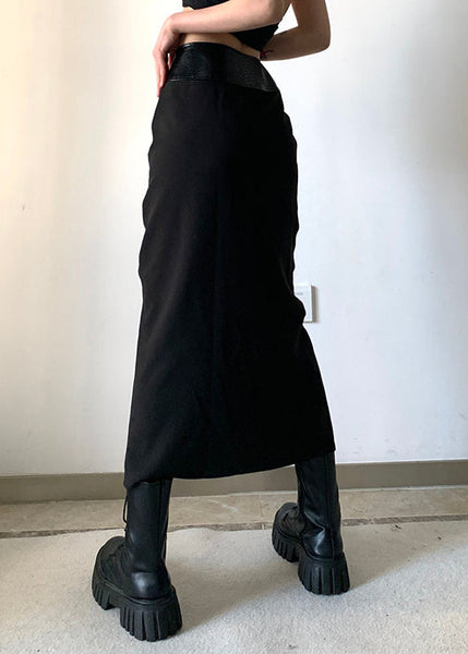 Stylish Black Zip Up Faux Leather Patchwork Cotton Skirt Fall WP046 NZ-SKTS241107