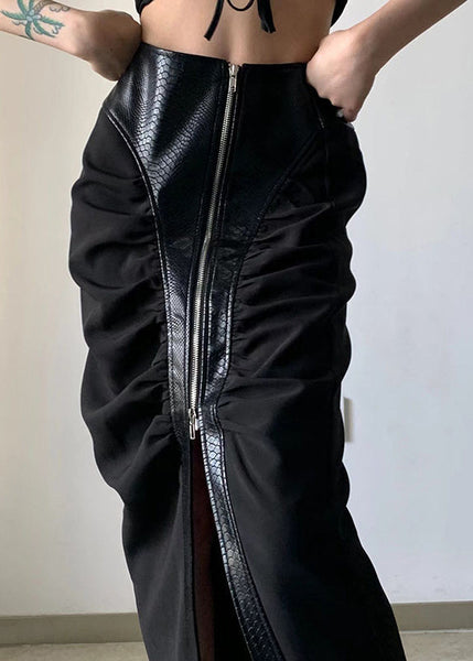 Stylish Black Zip Up Faux Leather Patchwork Cotton Skirt Fall WP046 NZ-SKTS241107