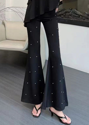 Black High Flared Trousers Fall Waist Zircon Stylish FashionChic