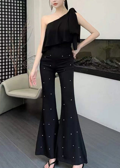 Black High Flared Trousers Fall Waist Zircon Stylish FashionChic