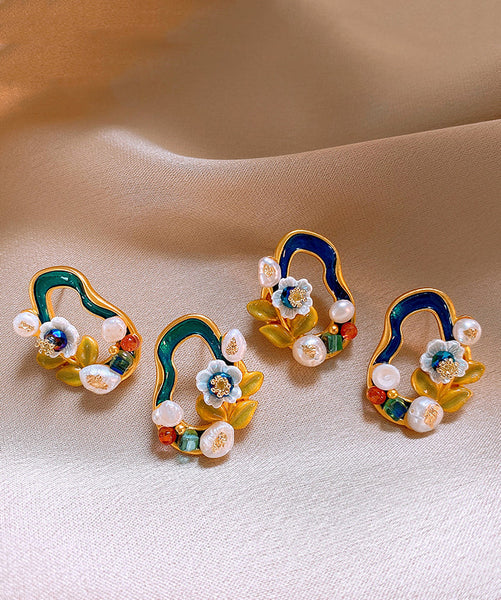 Floral Pearl Blackish Stylish Stud Earrings Overgild Copper Green FashionChic
