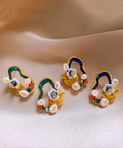 Floral Pearl Blackish Stylish Stud Earrings Overgild Copper Green FashionChic