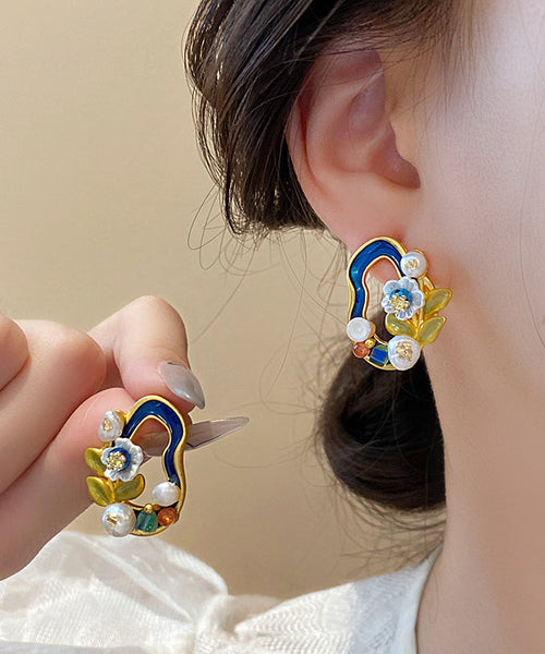 Floral Pearl Blackish Stylish Stud Earrings Overgild Copper Green FashionChic