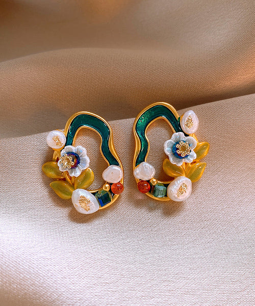 Floral Pearl Blackish Stylish Stud Earrings Overgild Copper Green FashionChic