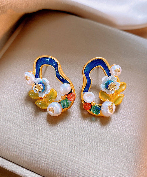 Floral Pearl Blackish Stylish Stud Earrings Overgild Copper Green FashionChic