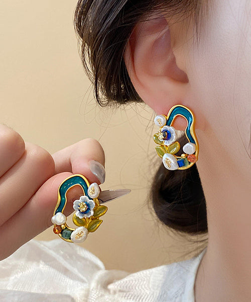 Floral Pearl Blackish Stylish Stud Earrings Overgild Copper Green FashionChic