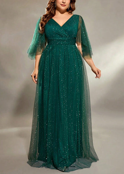 V Dresses Long Green Blackish Sequins Stylish Half Tulle Neck FashionChic