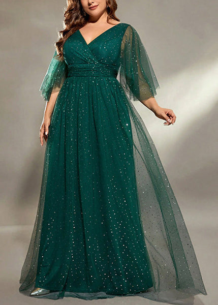 V Dresses Long Green Blackish Sequins Stylish Half Tulle Neck FashionChic