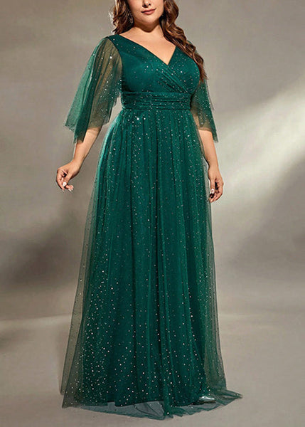 V Dresses Long Green Blackish Sequins Stylish Half Tulle Neck FashionChic