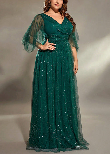 V Dresses Long Green Blackish Sequins Stylish Half Tulle Neck FashionChic