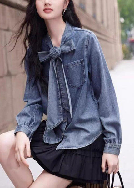 Button Spring Shirt Denim Blue Bow Stylish Pockets FashionChic