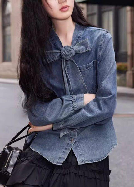 Button Spring Shirt Denim Blue Bow Stylish Pockets FashionChic