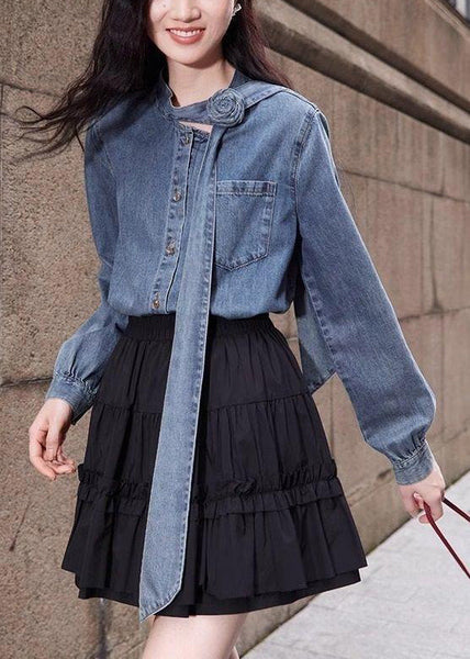 Button Spring Shirt Denim Blue Bow Stylish Pockets FashionChic