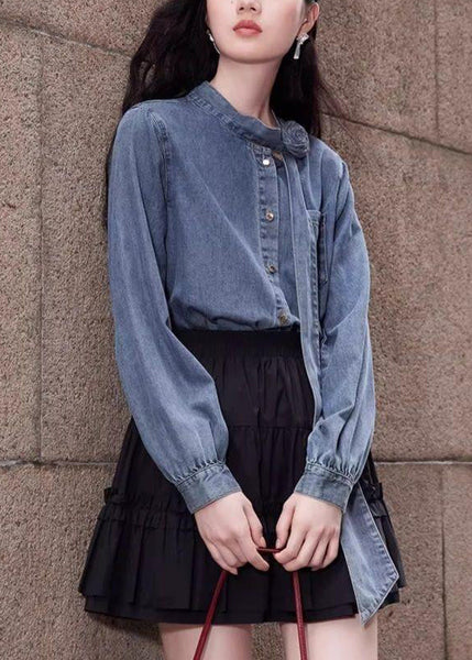 Button Spring Shirt Denim Blue Bow Stylish Pockets FashionChic