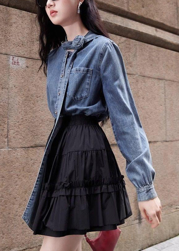 Button Spring Shirt Denim Blue Bow Stylish Pockets FashionChic