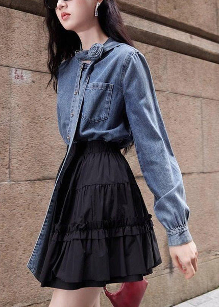 Button Spring Shirt Denim Blue Bow Stylish Pockets FashionChic