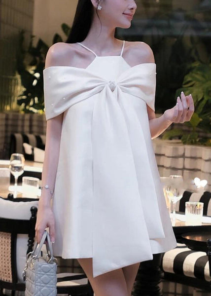 Shoulder Spaghetti Blue Summer Bow Dress Stylish Cold Strap FashionChic