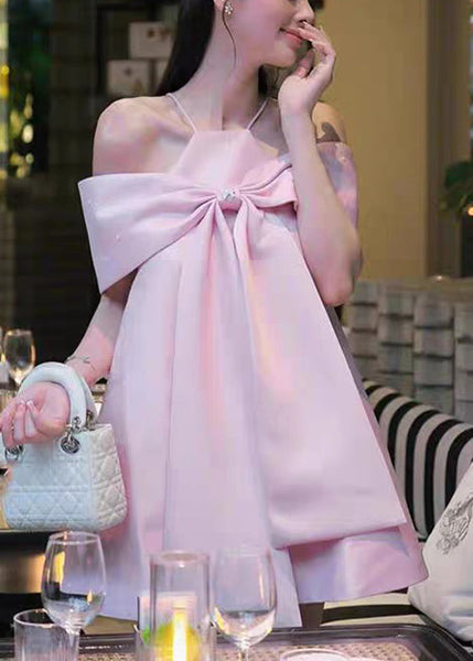 Shoulder Spaghetti Blue Summer Bow Dress Stylish Cold Strap FashionChic