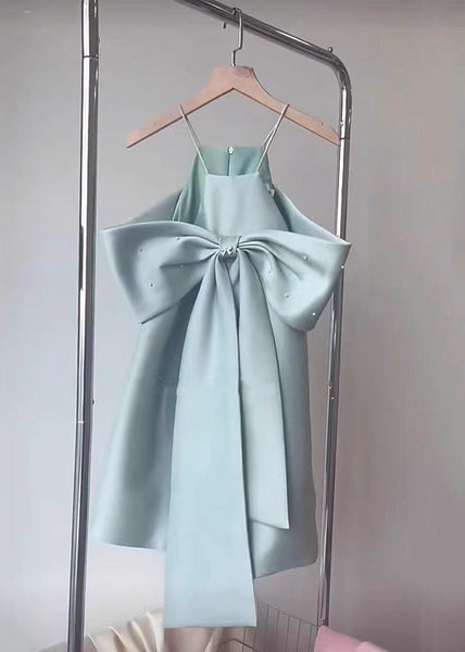 Shoulder Spaghetti Blue Summer Bow Dress Stylish Cold Strap FashionChic