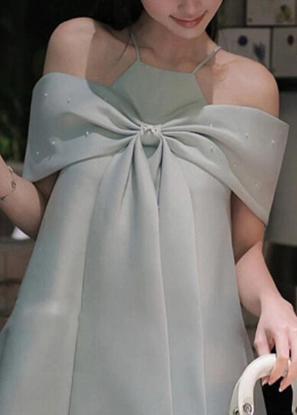 Shoulder Spaghetti Blue Summer Bow Dress Stylish Cold Strap FashionChic