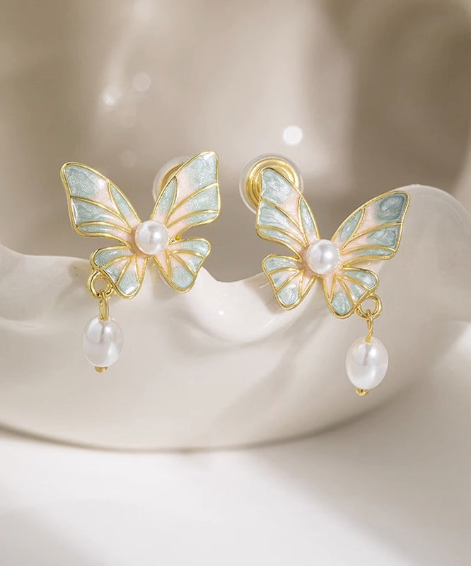 Stylish Blue Copper Overgild Drip Glaze Butterfly Pearl Tassel Drop Earrings YX009 ABC