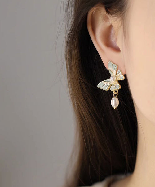 Stylish Blue Copper Overgild Drip Glaze Butterfly Pearl Tassel Drop Earrings YX009 ABC
