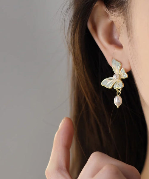 Stylish Blue Copper Overgild Drip Glaze Butterfly Pearl Tassel Drop Earrings YX009 ABC