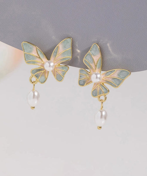 Stylish Blue Copper Overgild Drip Glaze Butterfly Pearl Tassel Drop Earrings YX009 ABC