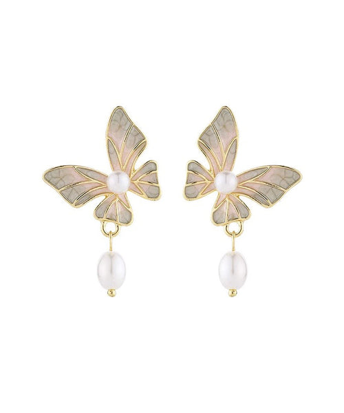 Stylish Blue Copper Overgild Drip Glaze Butterfly Pearl Tassel Drop Earrings YX009 ABC