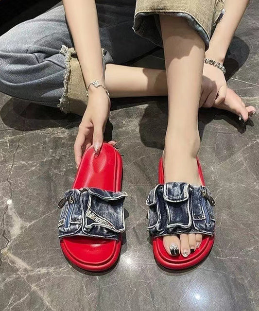 Stylish Blue Denim Platform Slide Sandals Peep Toe JJ055 Shoe-LT240609