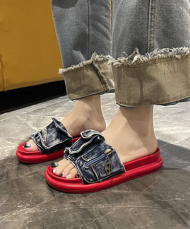 Stylish Blue Denim Platform Slide Sandals Peep Toe JJ055 Shoe-LT240609