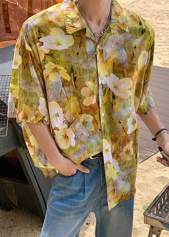 Stylish Blue Dotted Daisy Print Men Hawaiian Shirts Summer HG034 Men-Silk-MENSTP240725