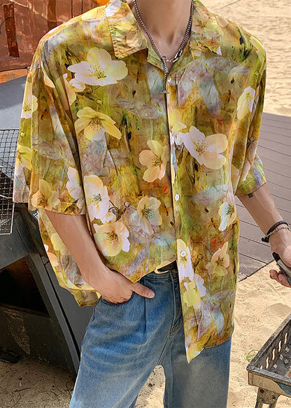 Stylish Blue Dotted Daisy Print Men Hawaiian Shirts Summer HG034 Men-Silk-MENSTP240725